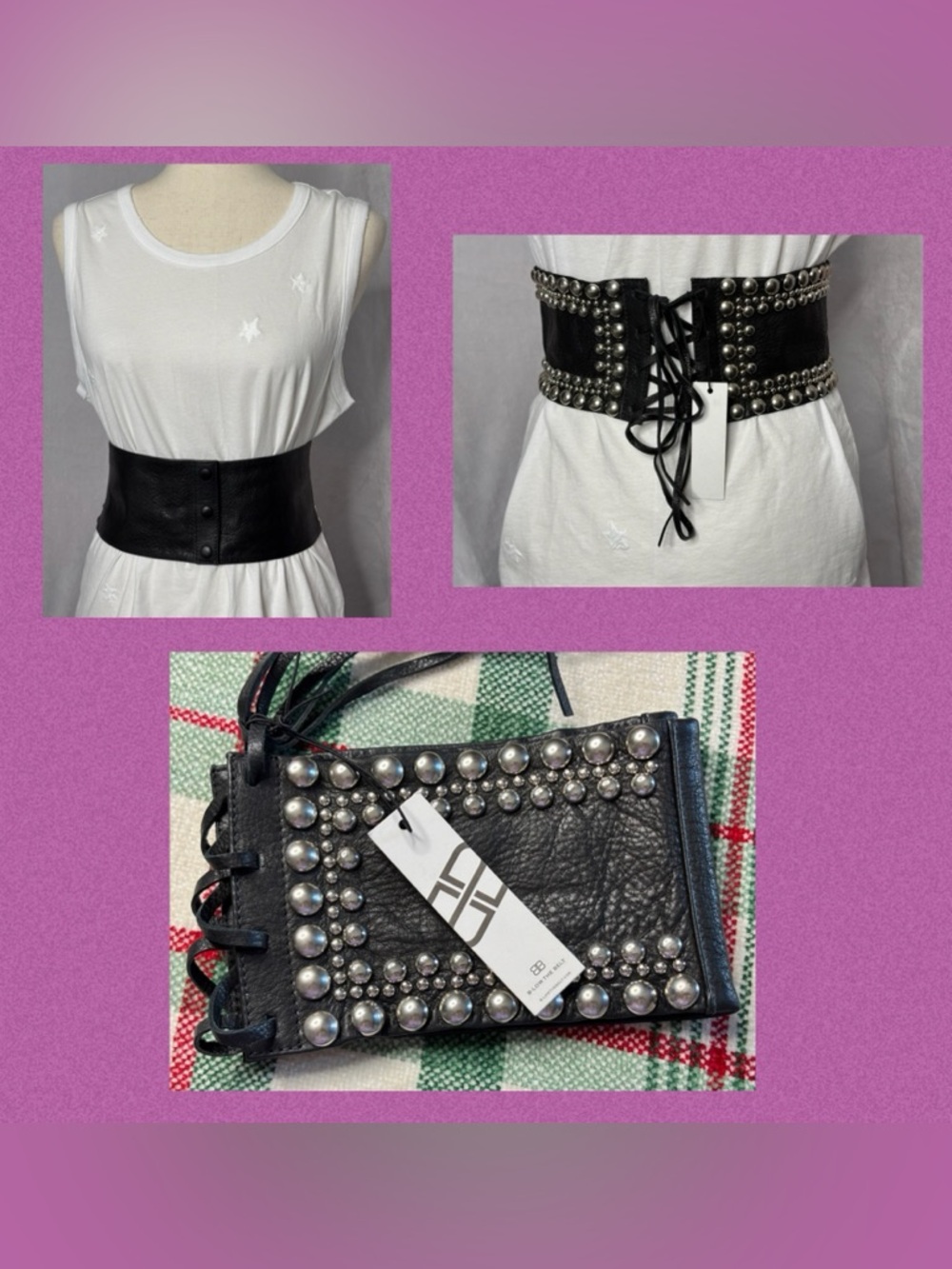 B-Low The Belt Isabel Studded Leather Corset Belt Black Small NWT